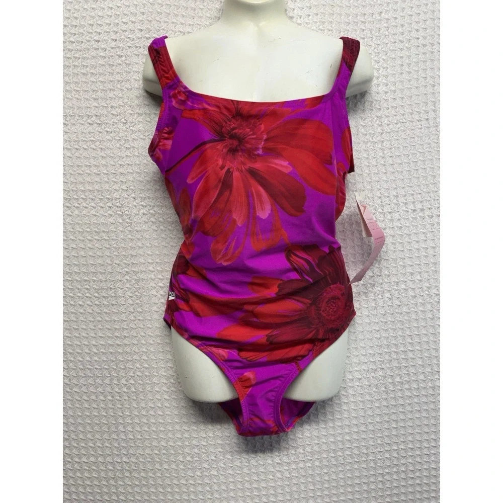 Speedo One Piece Swim Suit Womens Size 12 Fuchsia Tropical Floral Vacation Beach